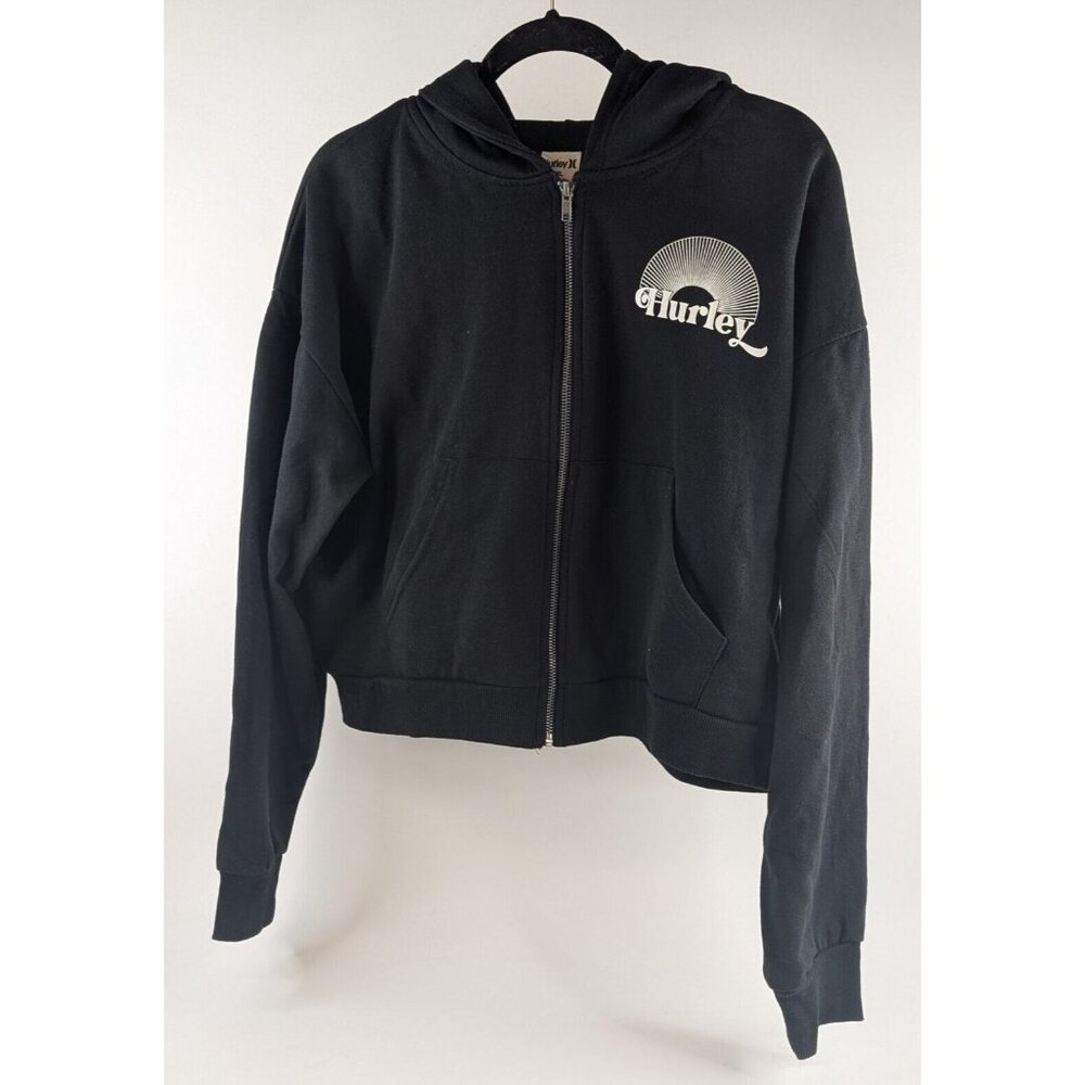 Hurley Womens Size XL Hoodie Black Plaid Full Zip Cropped Jacket - NWT